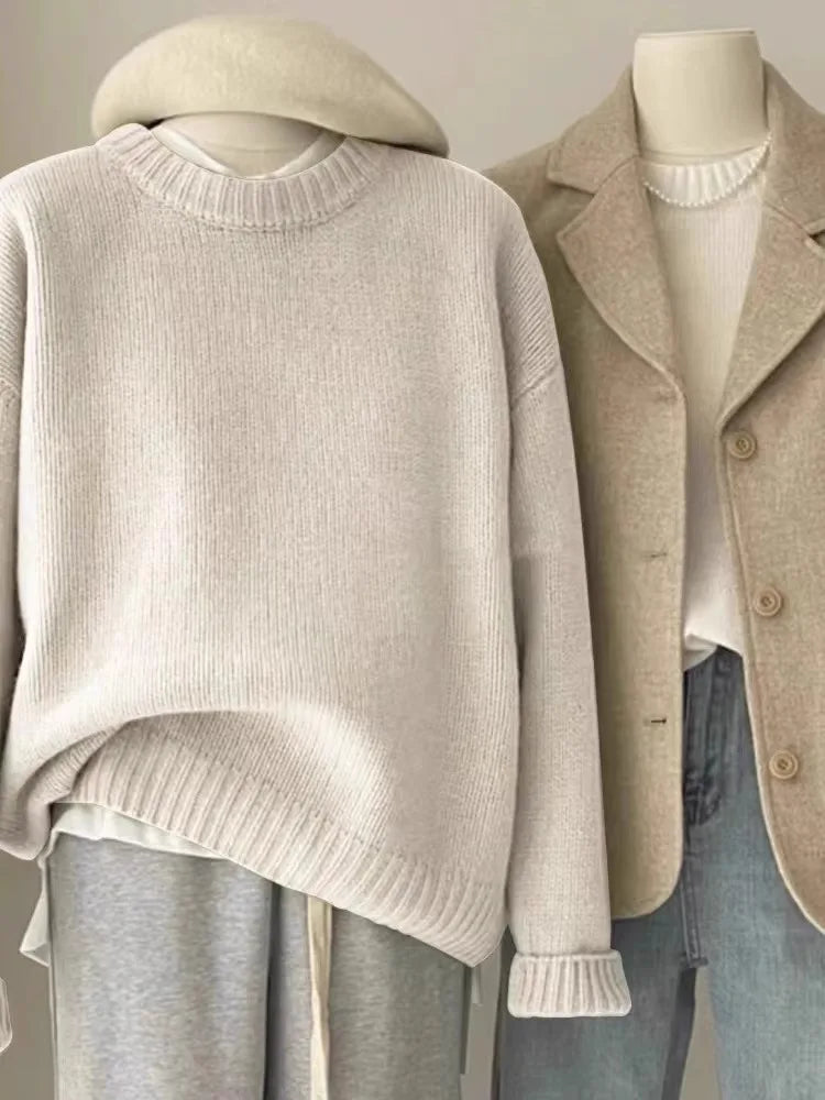 Weicher, wachsartiger Rundhals-Pullover aus 100 % reinem Kaschmir für Damen, lockerer Pullover, Herbst- und Winter-Kurzpullover