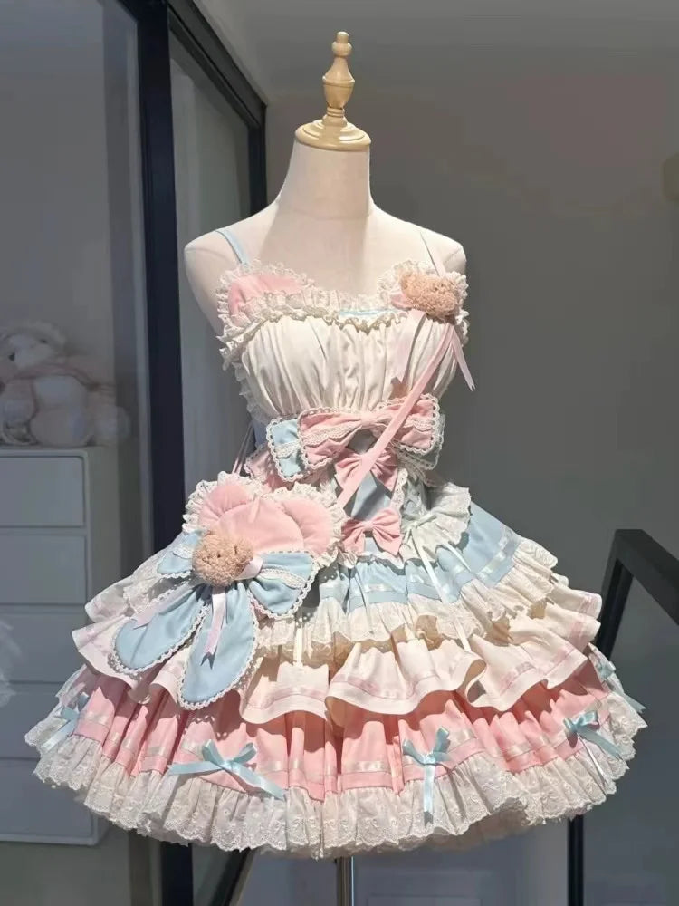 Japanisches Sommer-Kawaii-Lolita-Kleid Damen Party Vintage Süße Spitze Schleife Geburtstags-Kuchenkleider Harajuku Y2k Bandagenkleid