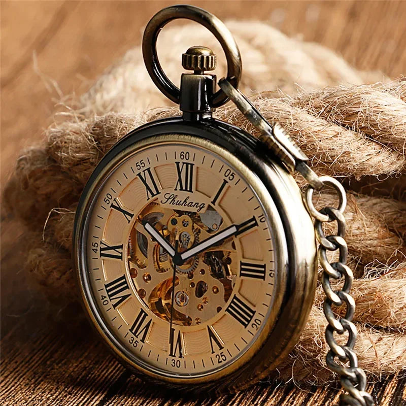 Retro Bronze Men Women Automatic Mechanical Pocket Watch Luminous Hands Roman Numeral Pendant Chain Relogio de bolso Gift