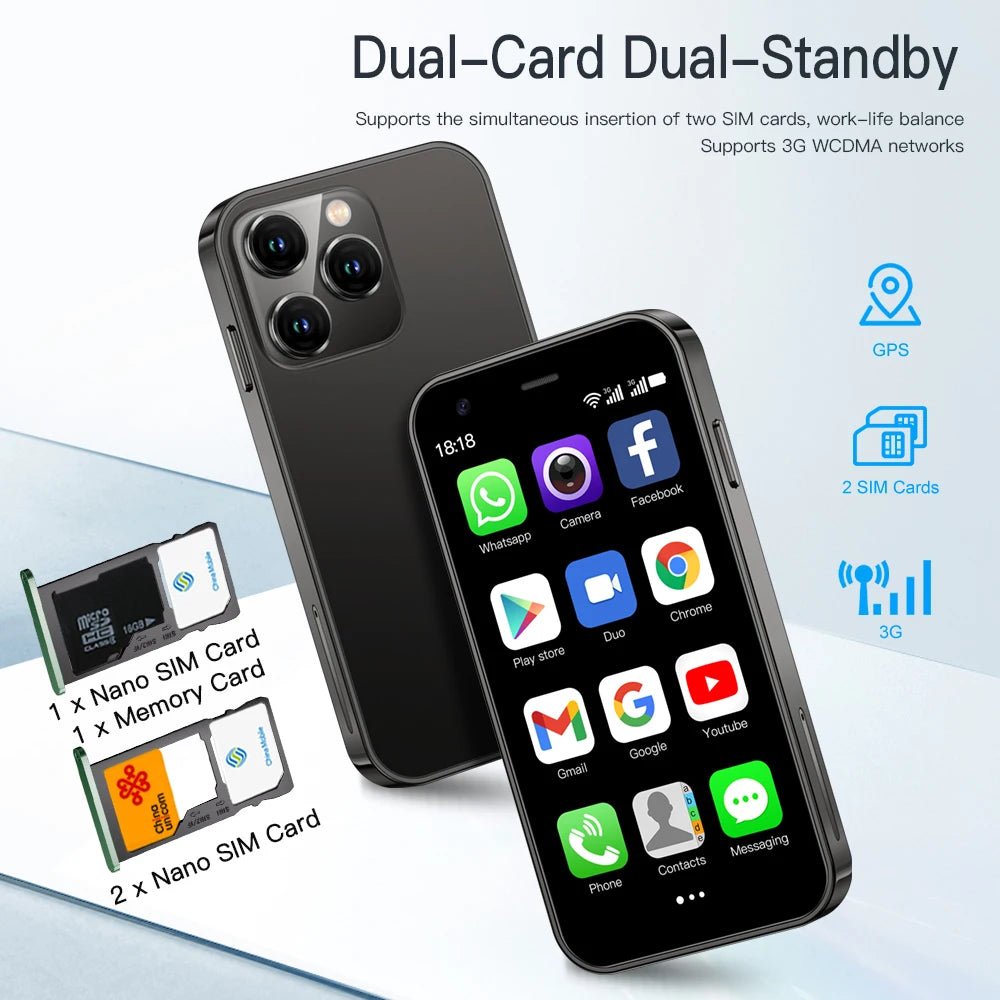 SERVO 15SE Mini Smartphone 3G WCDMA Android System WiFi Hotspot Play Store 3.0" Display Kleine Palm-Smartphones Dual SIM Standby