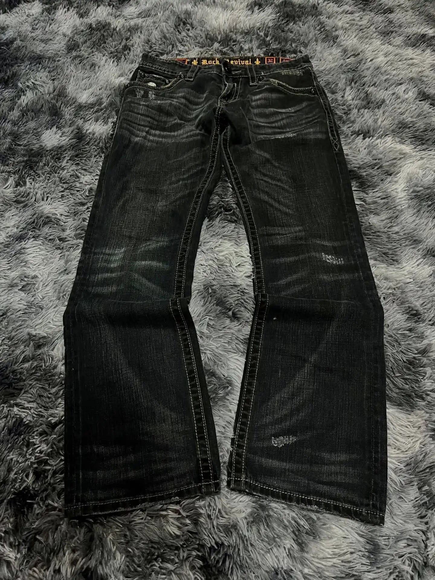 Y2K Black Washed Bestickte High-Waisted Oversized Jeans Herren Europäischer und Amerikanischer Retro Klassiker Lockere Weite Gerader Schnitt Hosen Hauptbild