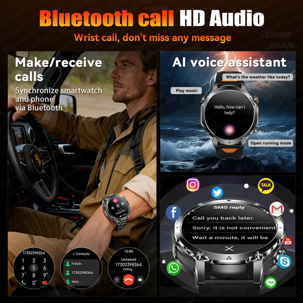 2026 Neue TANK Ultra 1400mAh Akku Militär Smartwatch 10ATM Wasserdicht Herzfrequenz Taktische LED Taschenlampe Herren Sportarmband