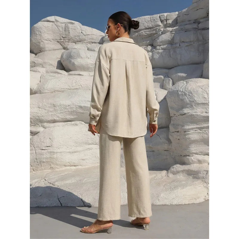Große Größen Casual Locker Zweiteiler Weites Bein Hose Langarmshirt Hellbeige Street Style Elegant Qualität Polyester Somm...