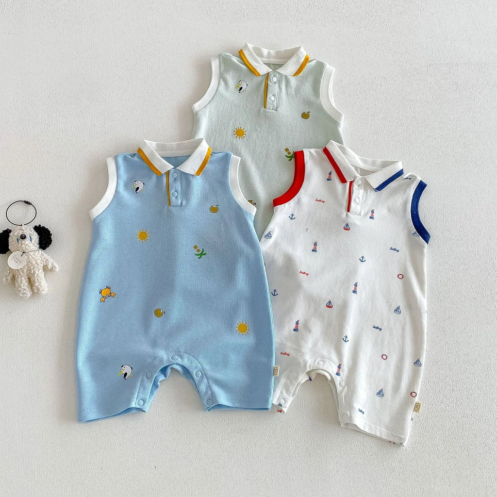 2026 Neue Sommer-Babykleidung 0-2 Jahre Cartoon-Print Ärmelloser Polo-Strampler Atmungsaktives Mesh-Gewebe mit Knopfleiste und Druckknopfverschluss