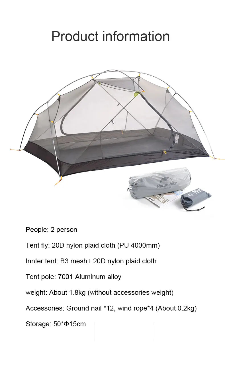 Naturehike Mongar UL 2 Zelt 2 Personen Trekkingzelt 20D Ultraleichtes Reisezelt Wasserdichtes Wanderzelt Überlebenszelt Outdoor Camping Zelt