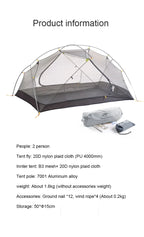 Naturehike Mongar UL 2 Zelt 2 Personen Trekkingzelt 20D Ultraleichtes Reisezelt Wasserdichtes Wanderzelt Überlebenszelt Outdoor Camping Zelt