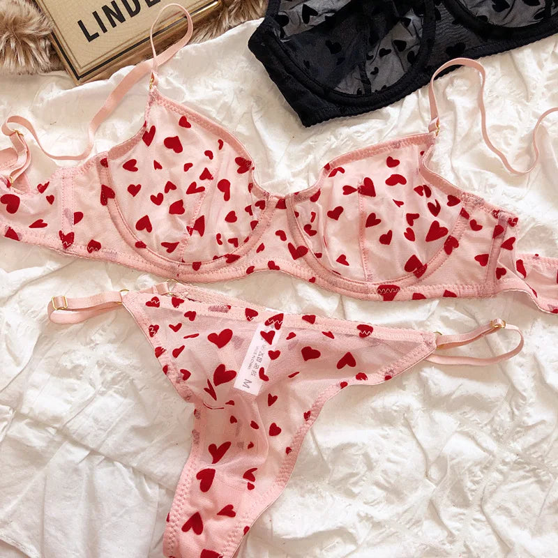 Neues Dessous-Tangas-Set, sexy, ultradünner transparenter BH, Damen-Bügel-Push-up-BH-Set, sommerliche, romantische Pfirsichherz-Unterwäsche