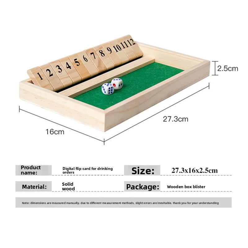 Hölzernes Shut the Box Würfelbrettspiel Klassische Tischversion mit 12 Zahlen, Kneipenstil, traditionelles Familien-Partyspiel für drinnen