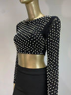 Sexy O-Ausschnitt Langarm Mesh Perlen Beige Schwarz Celebrity Midi Damen Bandagen-Set 2024 Designer Abendparty Damen-Set