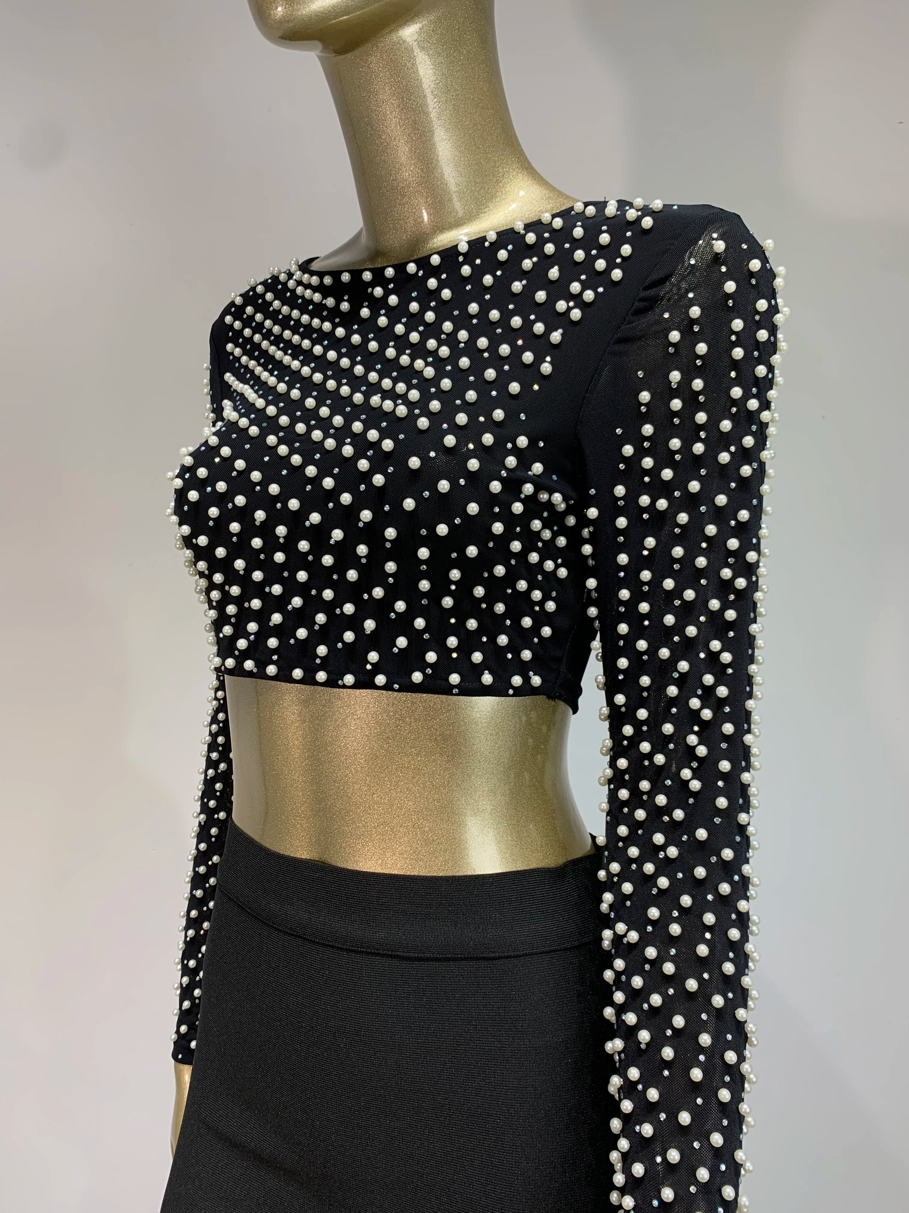 Sexy O-Ausschnitt Langarm Mesh Perlen Beige Schwarz Celebrity Midi Damen Bandagen-Set 2024 Designer Abendparty Damen-Set