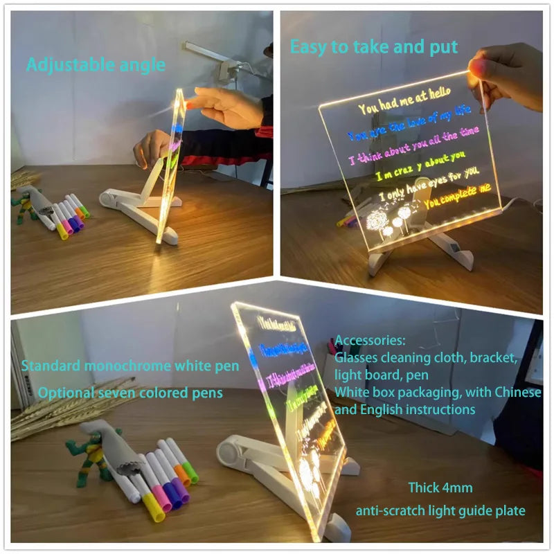 LED Leuchtende Acryl-Nachrichtentafel, löschbar, USB-Zeichentafel, Geburtstagsgeschenk, Bar-Werbung für kreative Aktivitäten mit Ständer
