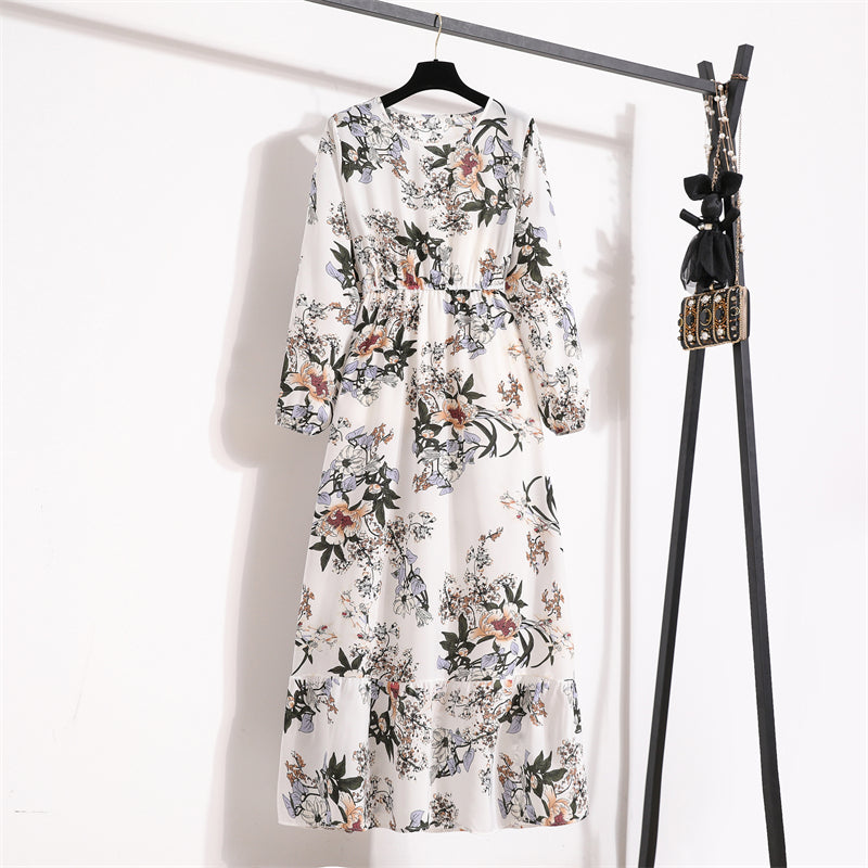 Frühling Sommer Damen Maxikleider Casual Langarm Geblümt O-Ausschnitt Damen Boho Strandparty Langes Kleid Mujer Vestidos