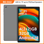 10-Zoll-Tablet, Android 14, Quad-Core-Prozessor, 4 GB RAM (2 GB + 2 GB erweiterbar), 32 GB Speicher, Wi-Fi, Dual-Kameras, 6000 mAh