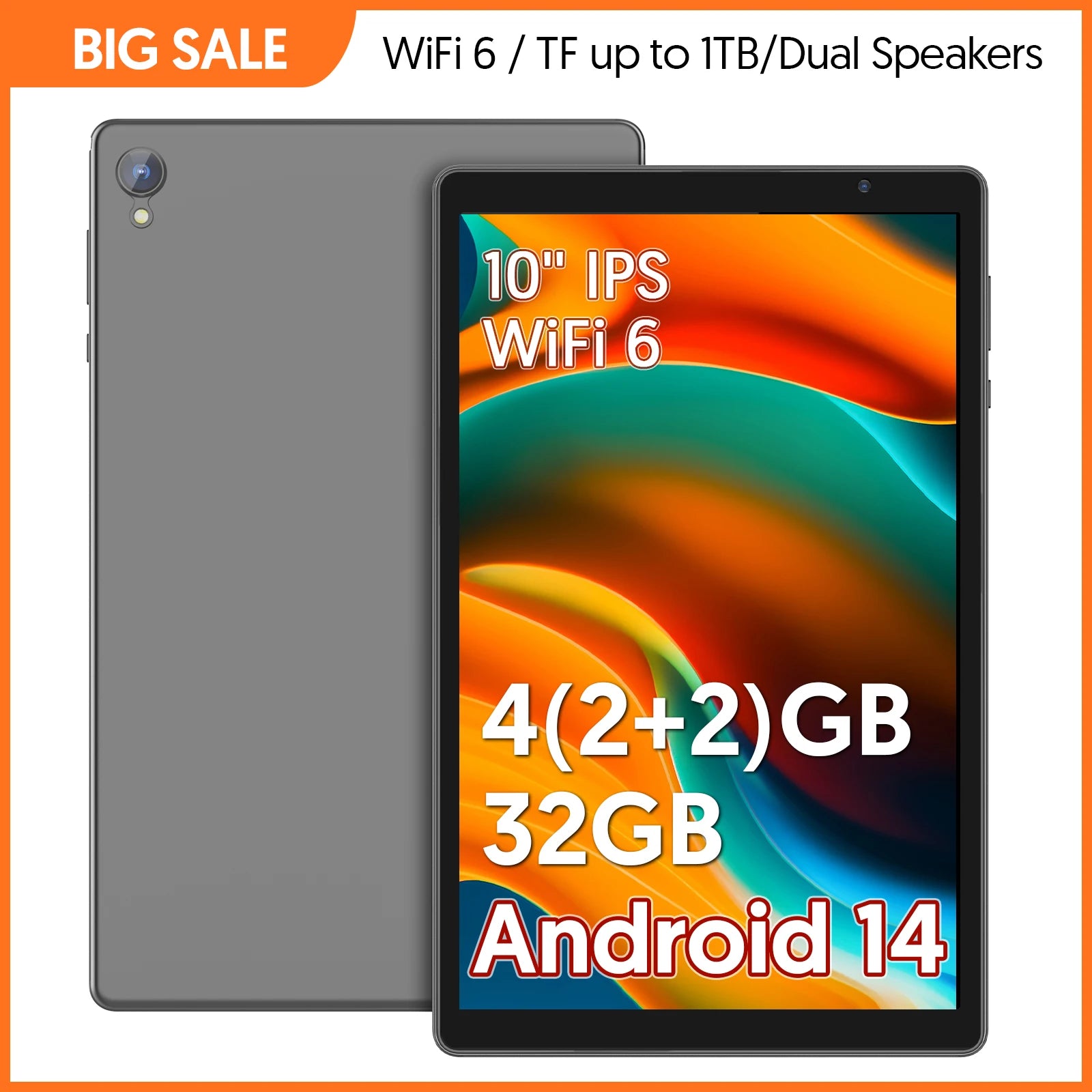 10-Zoll-Tablet, Android 14, Quad-Core-Prozessor, 4 GB RAM (2 GB + 2 GB erweiterbar), 32 GB Speicher, Wi-Fi, Dual-Kameras, 6000 mAh