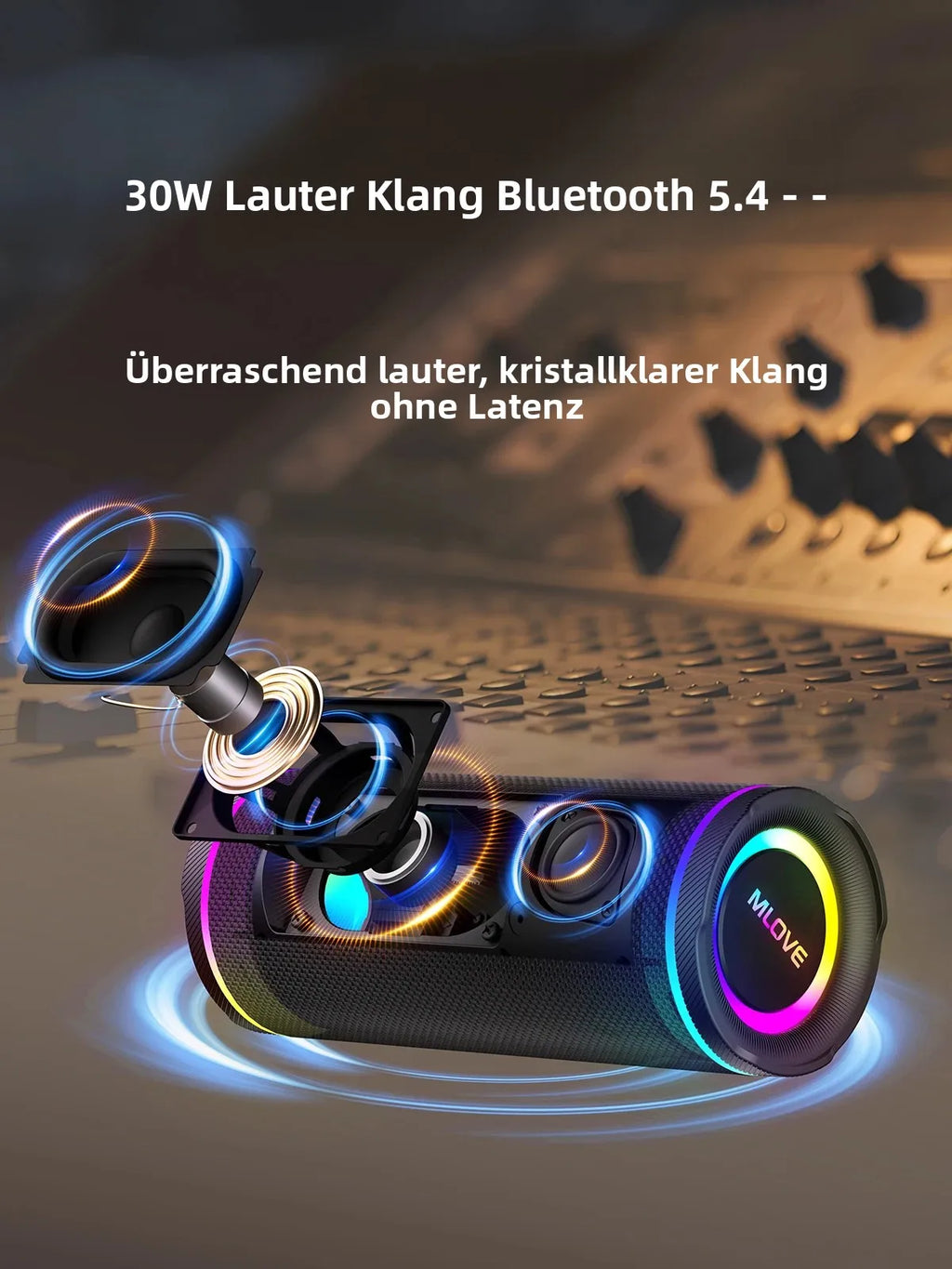 MLOVE E80 Tragbarer Bluetooth-Lautsprecher – Leistungsstarker Dual-Sound, farbenfrohe RGB-Beleuchtung, vollständig wasserdicht (IPX7), TWS-fähig