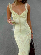Kryptografischer Sommer Blumenmuster Plunge Maxikleid Outfits Sexy rückenfreie Feen Sonnenkleider Urlaub Strandmode Vestido Coquette