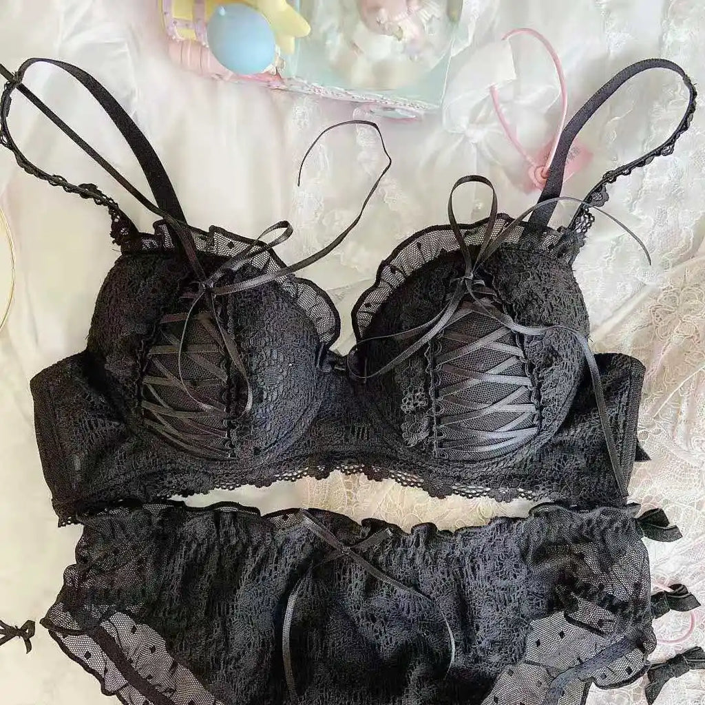 Lolita Mädchen Spitzen-BH-Sets Damen Unterwäsche Intimates Bralette Dessous Japanisch Rüschen Süß Sexy Dünne Körbchen Höschen