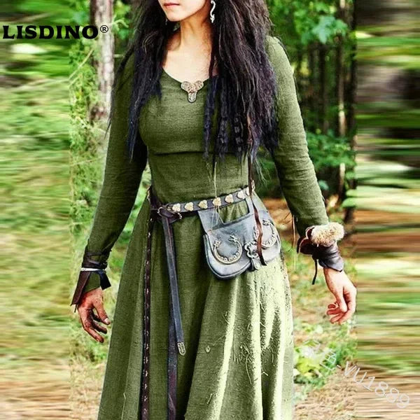 LisdinoMittelalterliches Kleid Damen Langarm Maxirobe Vintage Elfenkleid Renaissance Keltisch Wikinger Gothic Cosplay Kostüme