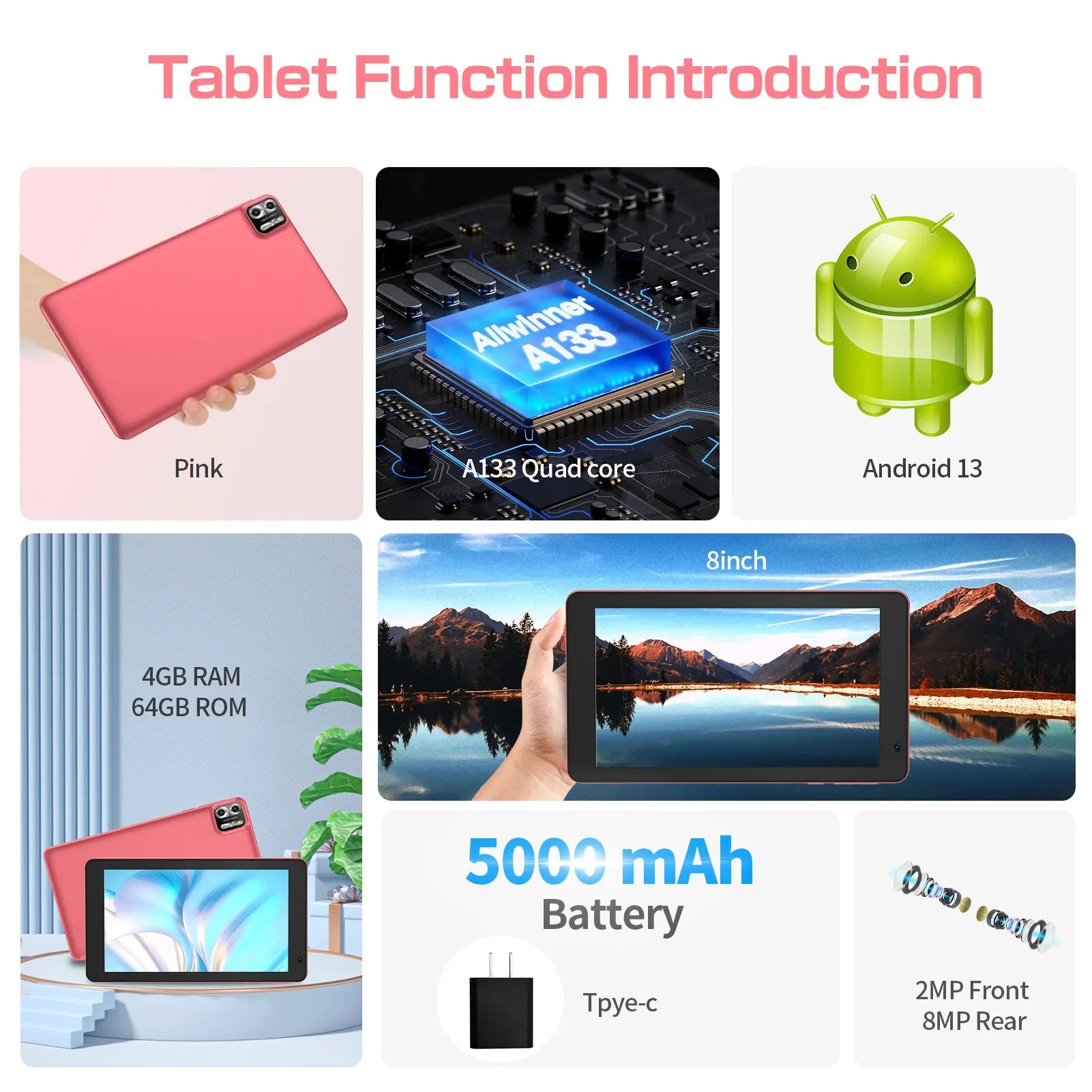 PRITOM 8 Zoll Tablet Android 13, 8GB (4+4 erweiterbar) RAM 64GB ROM, 1TB erweiterbar, 1280x800 IPS-Display, 5000mAh Akku, Dual-Kamera, WiFi