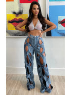 CM.YAYA Damen Vintage Cutout Hollow Out Criss Cross Gerade Denim Hose 2024 Mode INS High Waist Weite Beine Jeans Hose