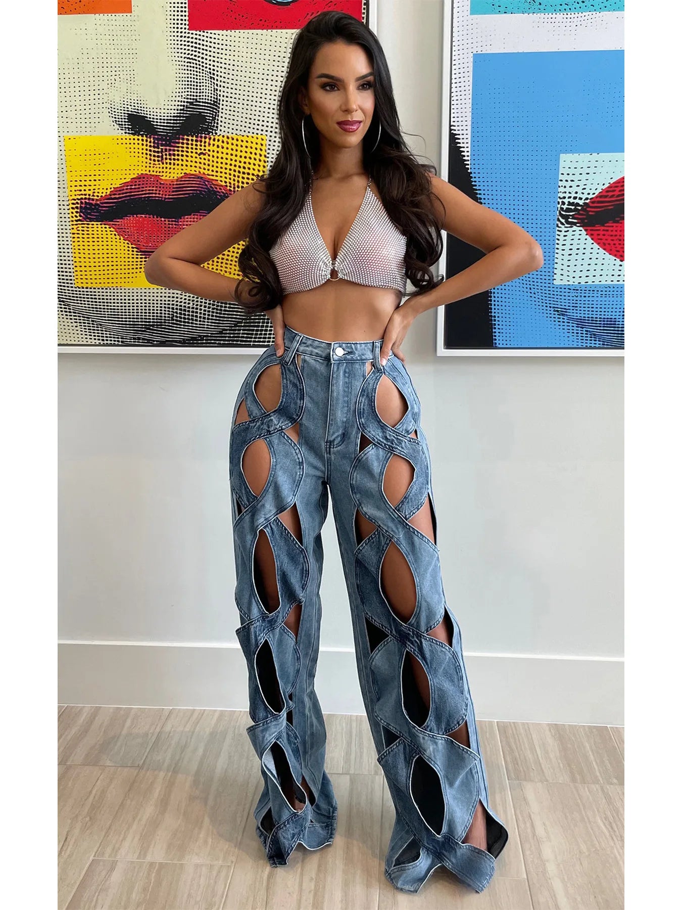 CM.YAYA Damen Vintage Cutout Hollow Out Criss Cross Gerade Denim Hose 2024 Mode INS High Waist Weite Beine Jeans Hose