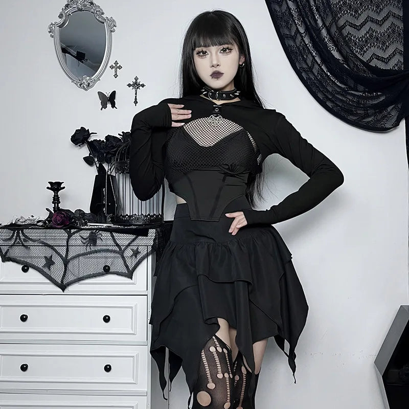 Sommer-Fashion Kurze Röcke Neue sexy Damen Gothic Punk Irreguläre Röcke Einfarbig Tunnelzug zum Binden Geraffte Rüschen Minirock