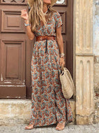 Elegantes florales plissiertes Midikleid in H-Form für Damen, V-Ausschnitt, Puffärmel, geraffte Taille, Knopfleiste, Damen-Sommerkleid, Robe