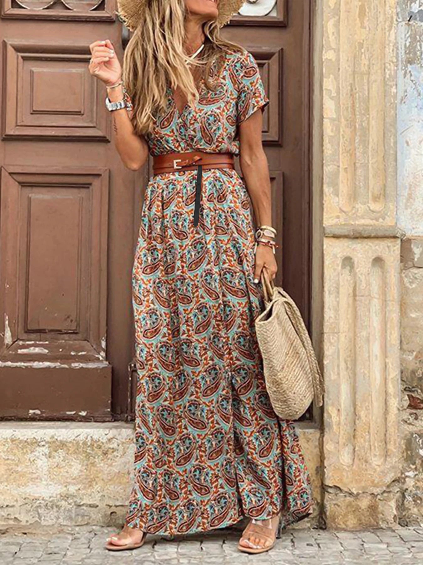 Elegantes florales plissiertes Midikleid in H-Form für Damen, V-Ausschnitt, Puffärmel, geraffte Taille, Knopfleiste, Damen-Sommerkleid, Robe