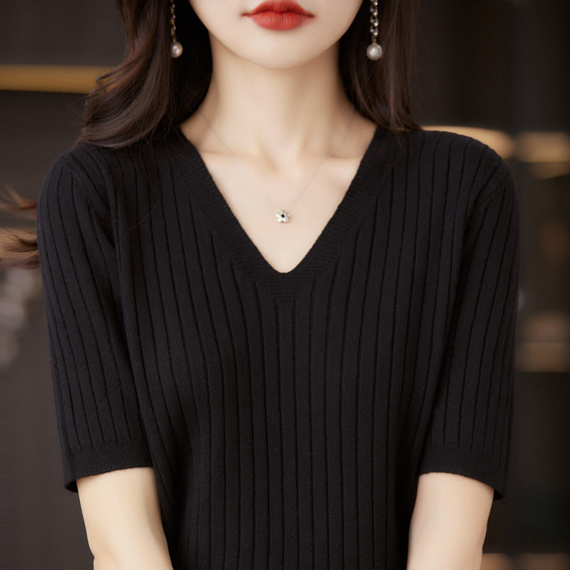 Damen Pullover Frühling Sommer Kurzarm V-Ausschnitt Strickshirt Lässige koreanische Pullover Gestreiftes Unterziehshirt Slim Fit Pullover