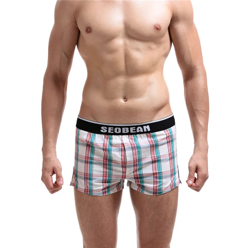 SEOBEAN Klassische Herren Boxershorts kariert 100% Baumwolle Unterwäsche Boxershorts U-konvexer Beutel Pfeil Panties Shorts Herren Schlafunterteile