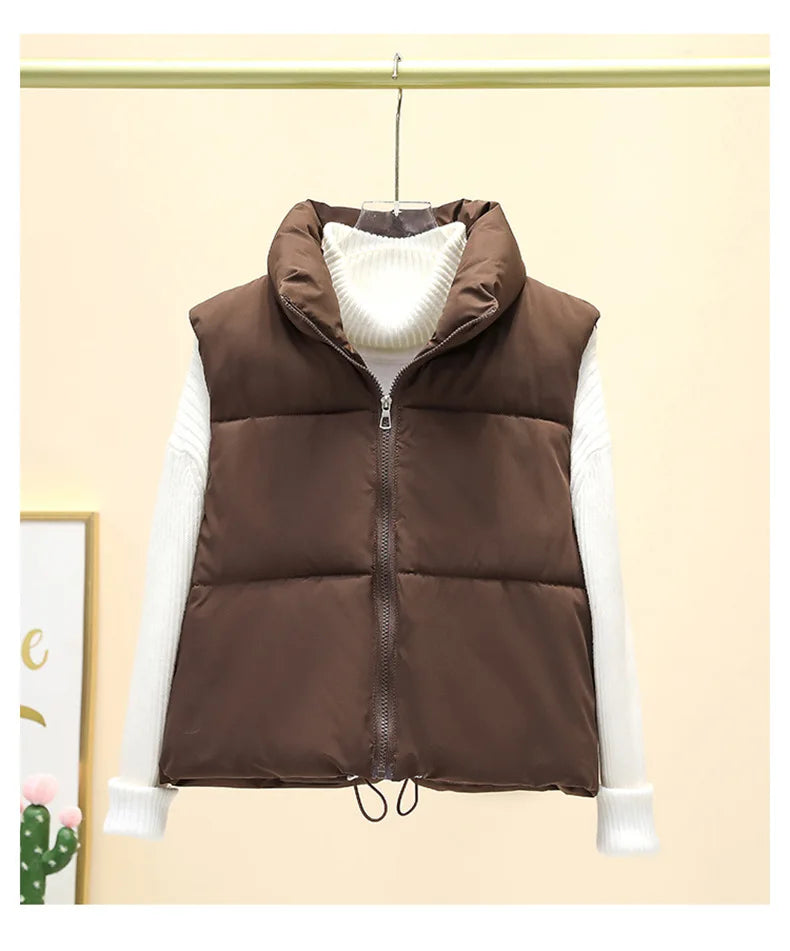 Winter Kurze Daunen Weste Damen Warmer Stehkragen Reißverschluss Jacke Freizeit Mode Gesteppte Cropped Mäntel Street Outerwear