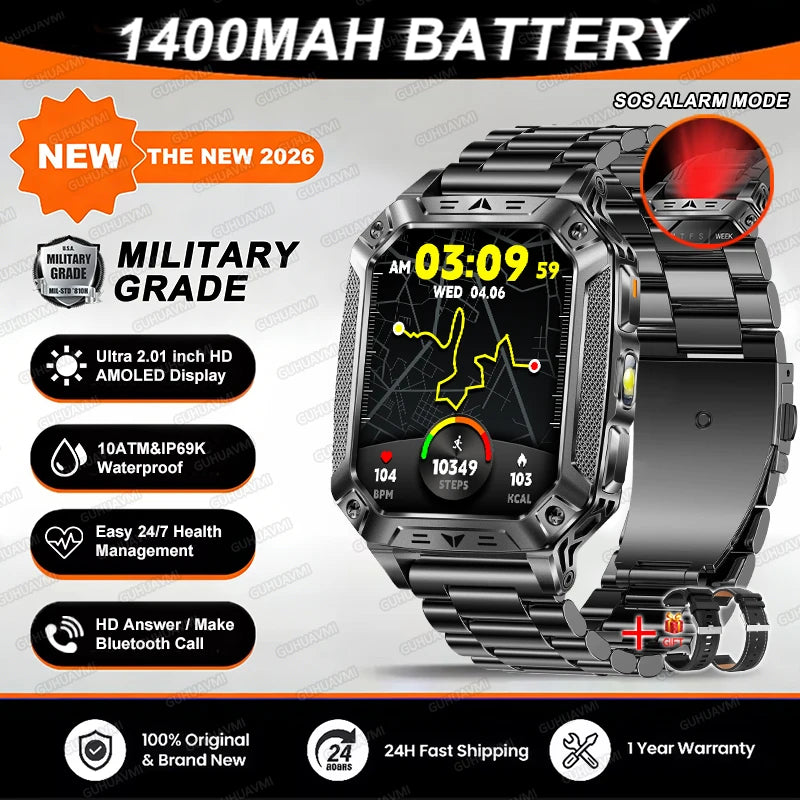 2026 TANK Neue 1400mAh Militär GPS Smartwatch Herren 2.01" AMOLED-Bildschirm 10ATM Wasserdichte Uhr SOS Anruf Taschenlampe Smartwatch iOS