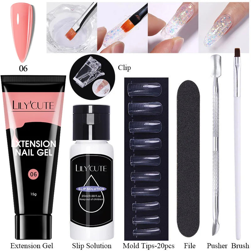 LILYCUTE 15ml Verlängerungsgel-Nagellack-Set Quick Nail Prolong mit Verlängerungsform-Nagelspitzen Acryl-Lösung Maniküre-Werkzeug-Kit