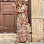 Sommer Bohemian Damen Maxikleid 2024 V-Ausschnitt Kurzarm Geblümt Strand Elegant Vintage Kleid mit Gürtel