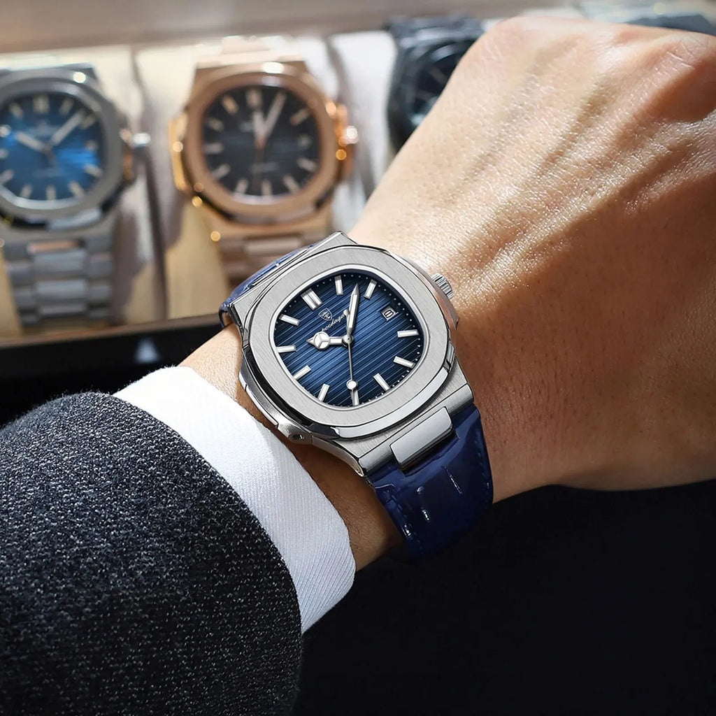 POEDAGAR Top Luxus Quadratische Herrenuhr Datum Wasserdicht Leuchtend Herren Armbanduhr Hochwertige Leder Herren Quarzuhren+Box Reloj