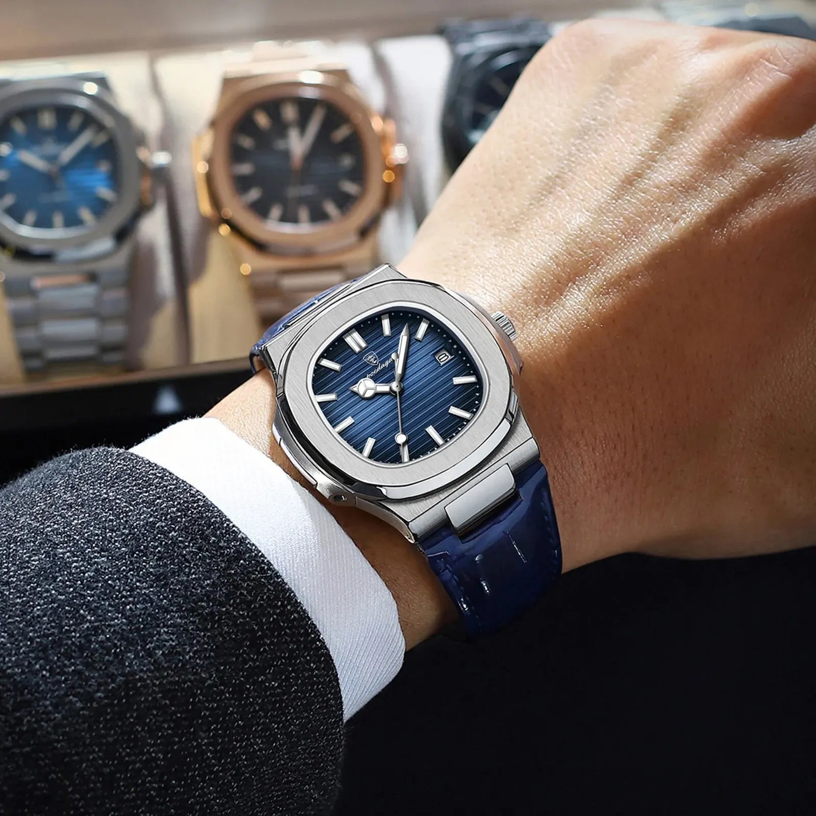 POEDAGAR Top Luxus Quadratische Herrenuhr Datum Wasserdicht Leuchtend Herren Armbanduhr Hochwertige Leder Herren Quarzuhren+Box Reloj