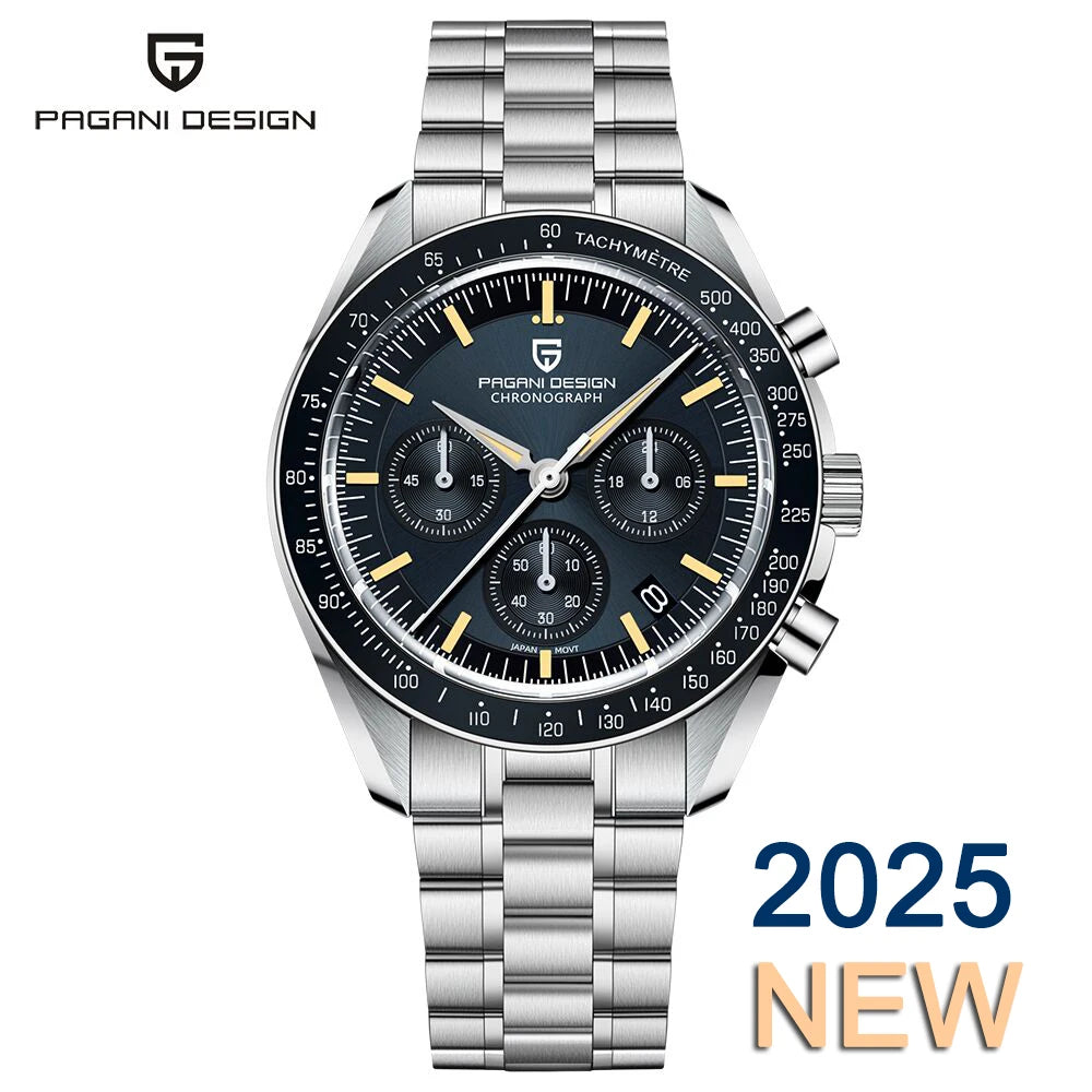 Neue PAGANI DESIGN Moon Men Uhr Retro-Luxus-Quarzuhren für Herren Edelstahl Sport wasserdicht Chronograph Herren+Mit BOX