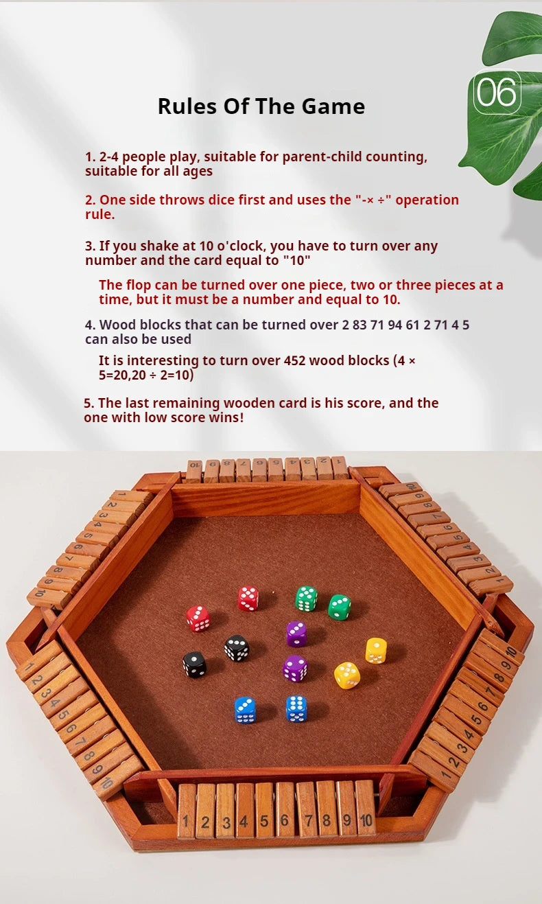 Sechsseitiges Flipping-Spiel, Holz-Zahlenspiel, Shut-The-Box-Würfelspiel - Eltern-Kind-Brettspiel, Bar-Party, Freizeit-Glücksspiel