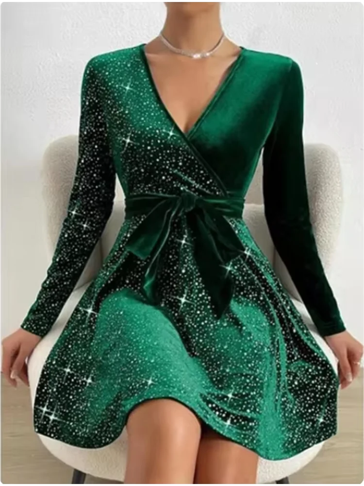 Damen V-Ausschnitt Sexy Langarm Pailletten Einfarbiges Kleid High Street Fashion Elegante Party Abendkleider