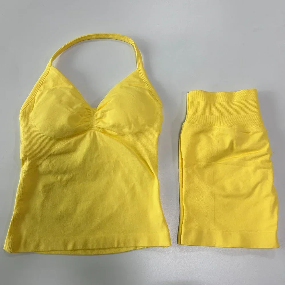 No Logo 2-teiliges Sportset Damen Rückenloses Tanktop Hohe Taille Scrunch Nahtlose Shorts Gym Set Sportbekleidung Workout Set Yoga