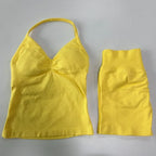 No Logo 2-teiliges Sportset Damen Rückenloses Tanktop Hohe Taille Scrunch Nahtlose Shorts Gym Set Sportbekleidung Workout Set Yoga