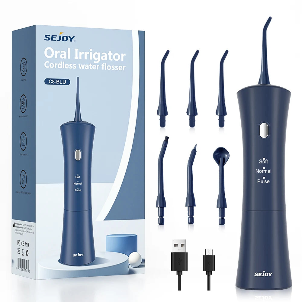 Sejoy Tragbarer elektrischer Munddusche Wasserflosser 6 Düsen 3 Modi Wiederaufladbarer Smart Dental Water Jet Zahnreiniger