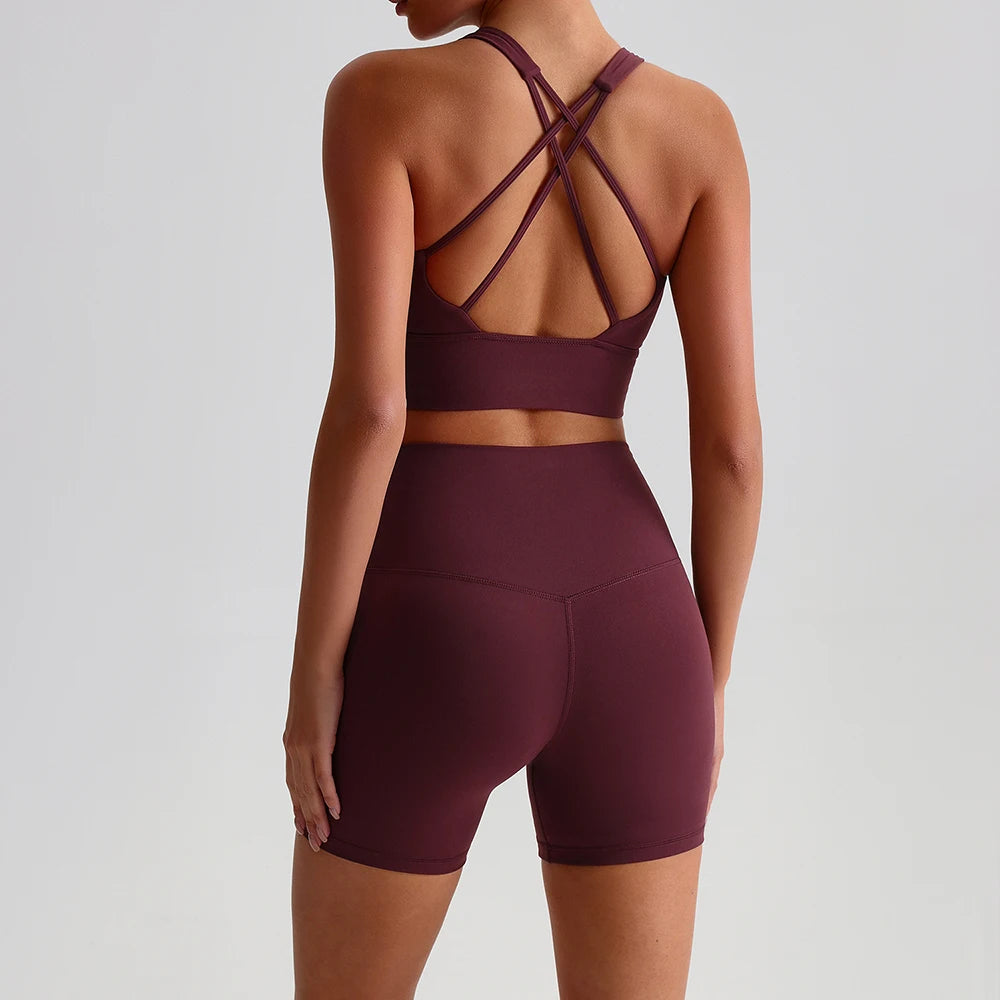 Butterweiches Nylon-Yoga-Set, Sport-BH mit überkreuztem Rücken, High-Waist-Biker-Shorts, 2-teiliges Gym-Set, Trainings-Outfit, Damen-Activewear Zweitbild