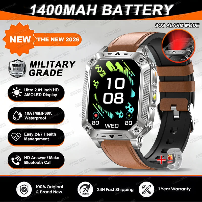 2026 TANK Neue 1400mAh Militär GPS Smartwatch Herren 2.01" AMOLED-Bildschirm 10ATM Wasserdichte Uhr SOS Anruf Taschenlampe Smartwatch iOS