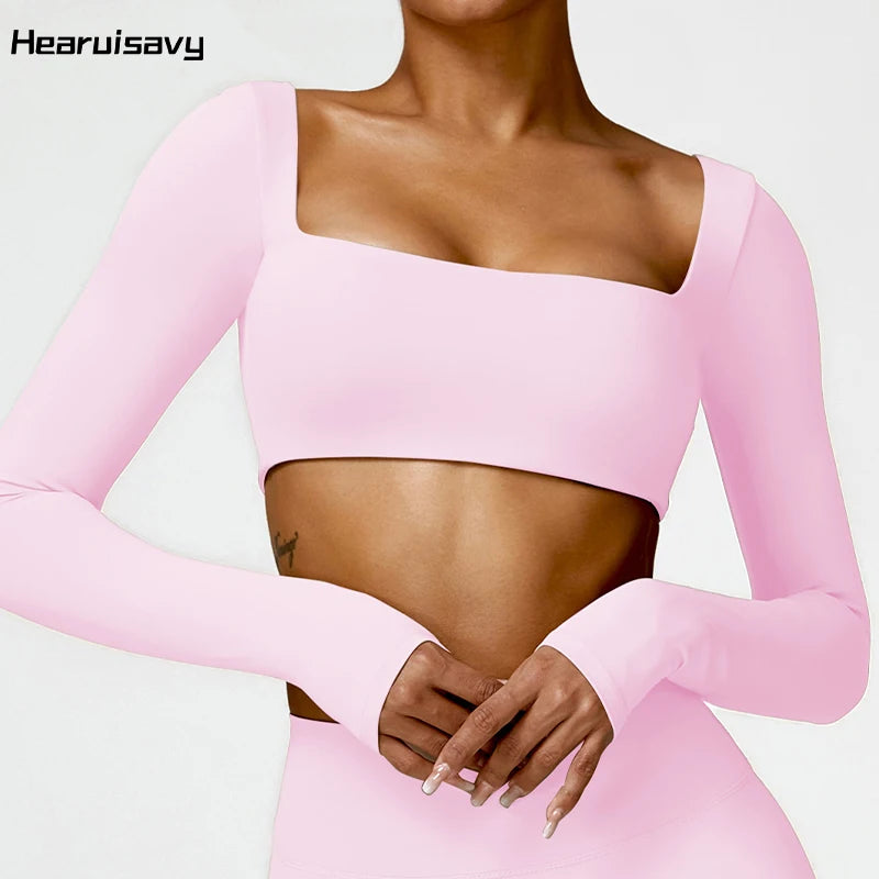 Hearuisavy Sommer Casual Schnelltrocknende Sportbekleidung Damen Square Neck Gym Top Damen Fitness Sport Crop Top Langarm Yoga Kleidung Hauptbild
