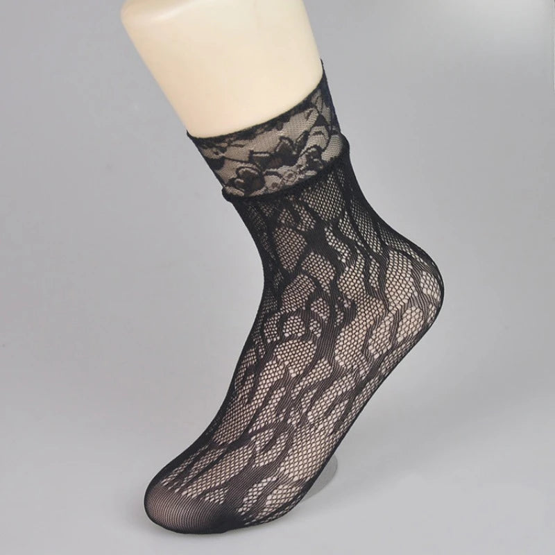5 Paar Blumen-Spitzensocken Dünne Atmungsaktive Kurze Socken Sommer Netz Lolita Fischernetz Damenstrümpfe Strumpfwaren