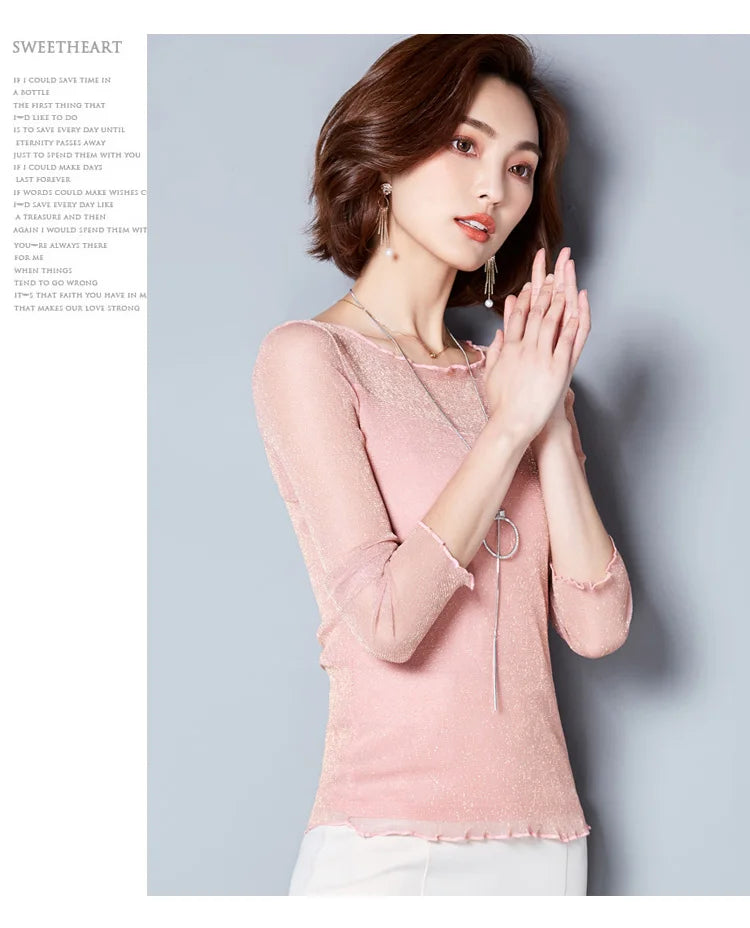 Glitzer-Netzbluse Sexy Damen Shirts Langarm-Oberteile Koreanisch Schwarz Pink O-Neck Elegante Slim Bluse Camisas Femininas