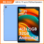 10-Zoll-Tablet, Android 14, Quad-Core-Prozessor, 4 GB RAM (2 GB + 2 GB erweiterbar), 32 GB Speicher, Wi-Fi, Dual-Kameras, 6000 mAh