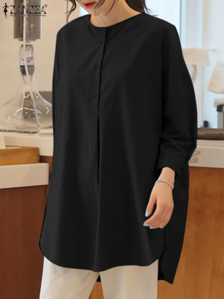 ZANZEA Mode Herbst Langarm Bluse Damen Weites Hemd Elegant Einfarbig OL Arbeitsplatten Lässig Locker Urlaub Arbeit Blusen Damen