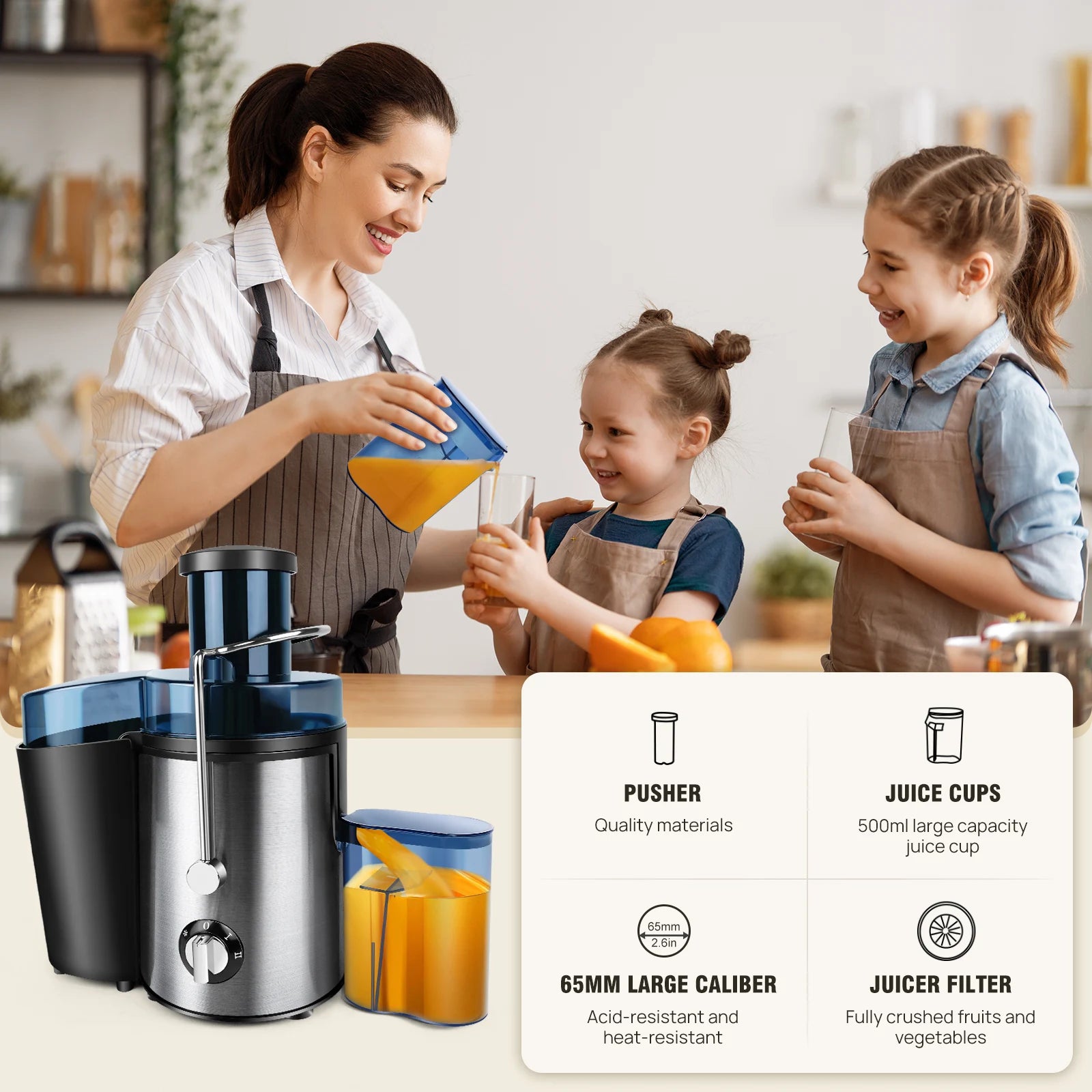 BRIEFNESS Entsafter Zentrifugalentsafter Ganze Früchte Gemüse 500W 65mm Weite Öffnung 2 Geschwindigkeiten 500ml Effizienter Saftbereiter